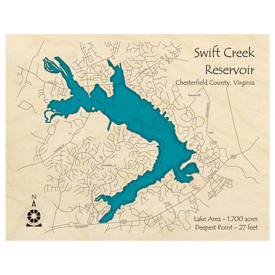 Bathymetric topo map of Swift Creek Reservoir, VA with roads, towns and depths noted in blue water.