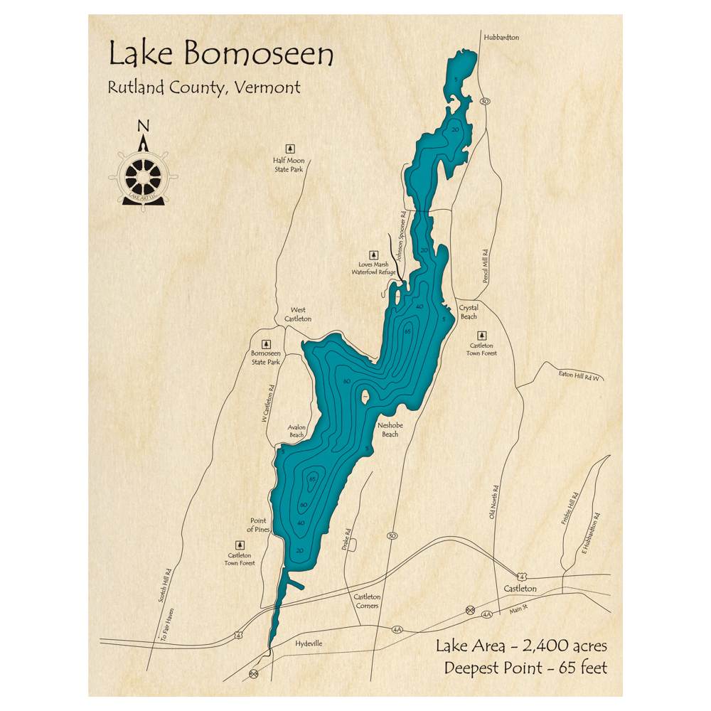 Bathymetric topo map of Lake Bomoseen, VT with roads, towns and depths noted in blue water.