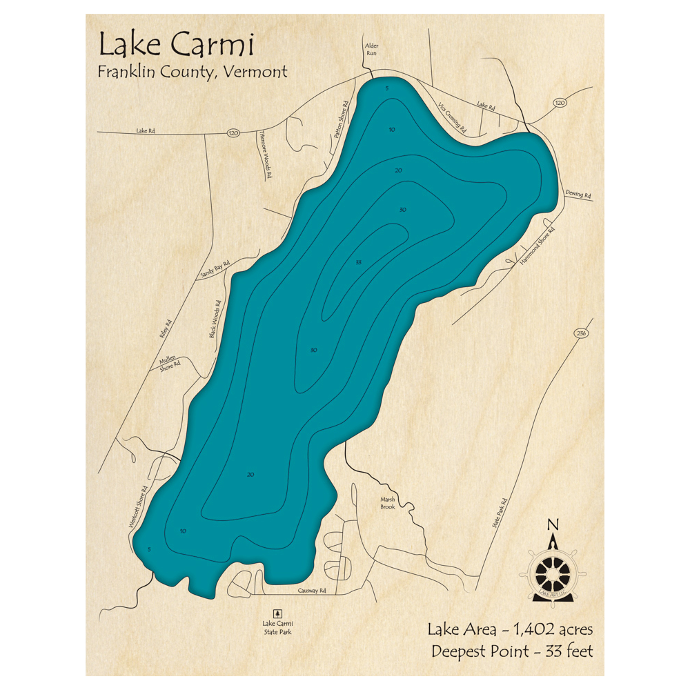 Bathymetric topo map of Lake Carmi, VT with roads, towns and depths noted in blue water.