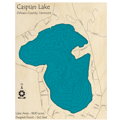 Bathymetric topo map of Caspian Lake, VT with roads, towns and depths noted in blue water.