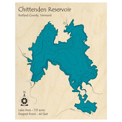 Bathymetric topo map of Chittenden Reservoir, VT with roads, towns and depths noted in blue water.