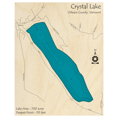 Bathymetric topo map of Crystal Lake, VT with roads, towns and depths noted in blue water.