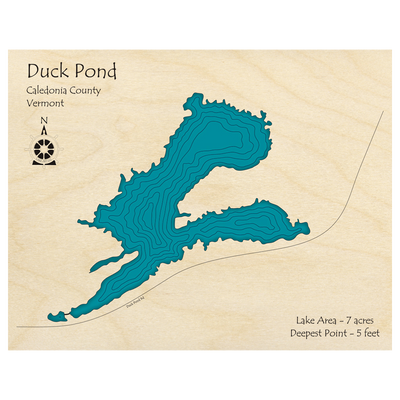 Bathymetric topo map of Duck Pond, VT with roads, towns and depths noted in blue water.