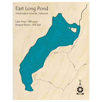 Bathymetric topo map of East Long Pond, VT with roads, towns and depths noted in blue water.