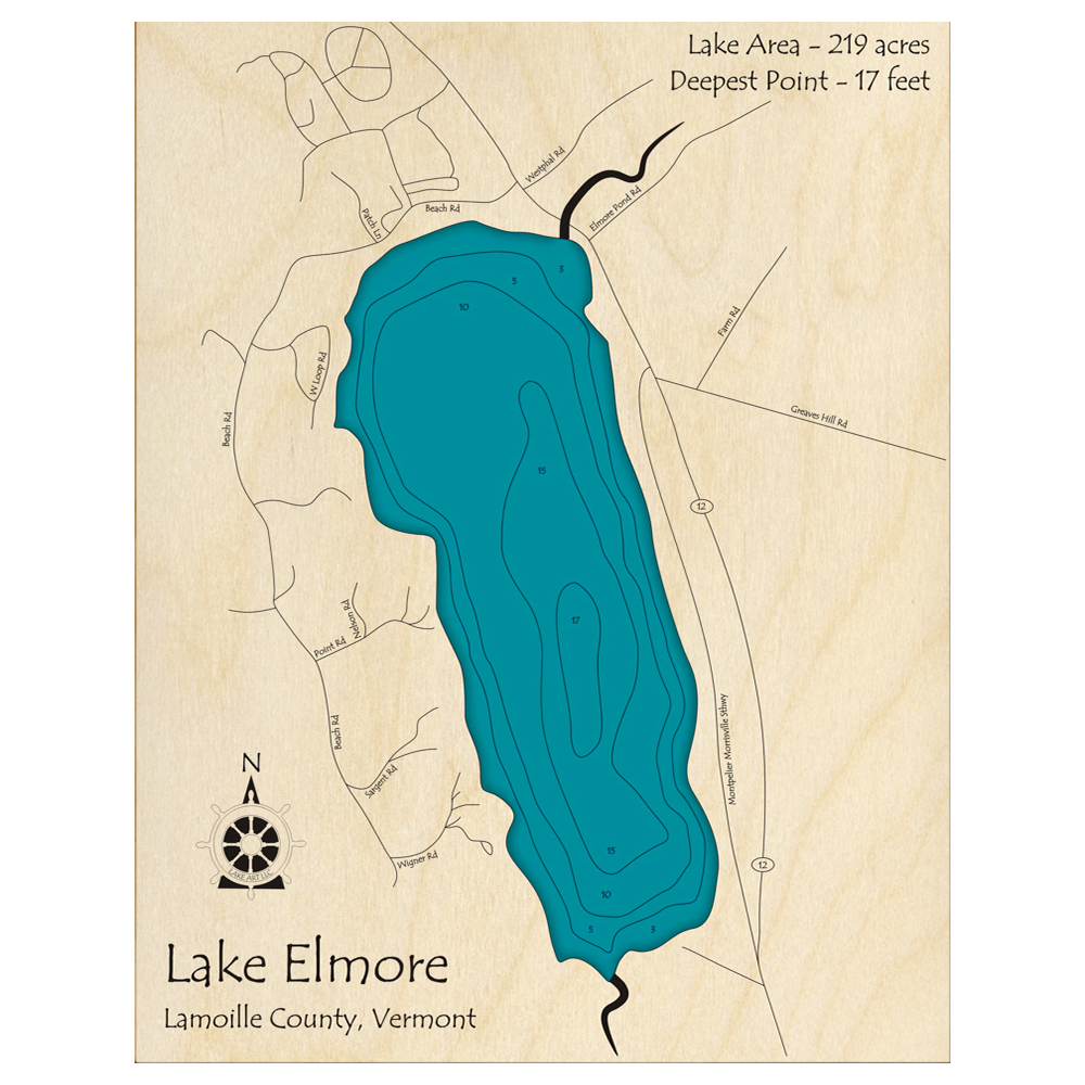 Bathymetric topo map of Lake Elmore, VT with roads, towns and depths noted in blue water.