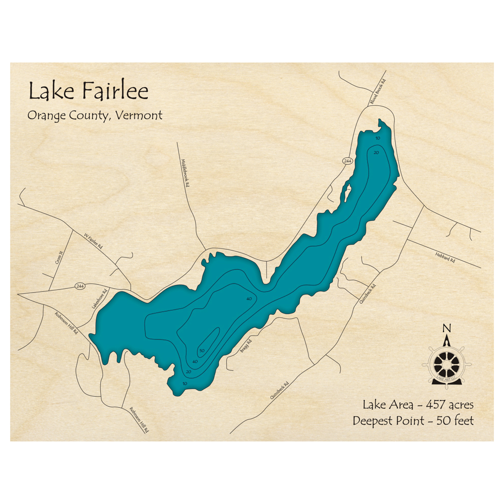 Bathymetric topo map of Lake Fairlee, VT with roads, towns and depths noted in blue water.