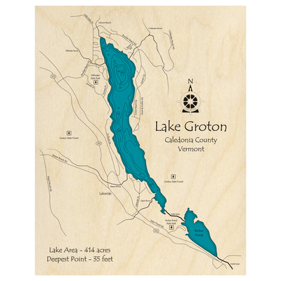 Bathymetric topo map of Lake Groton, VT with roads, towns and depths noted in blue water.
