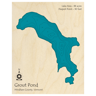 Bathymetric topo map of Grout Pond, VT with roads, towns and depths noted in blue water.