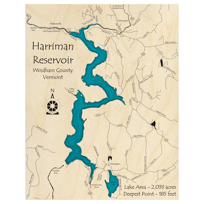 Bathymetric topo map of Harriman Reservoir, VT with roads, towns and depths noted in blue water.