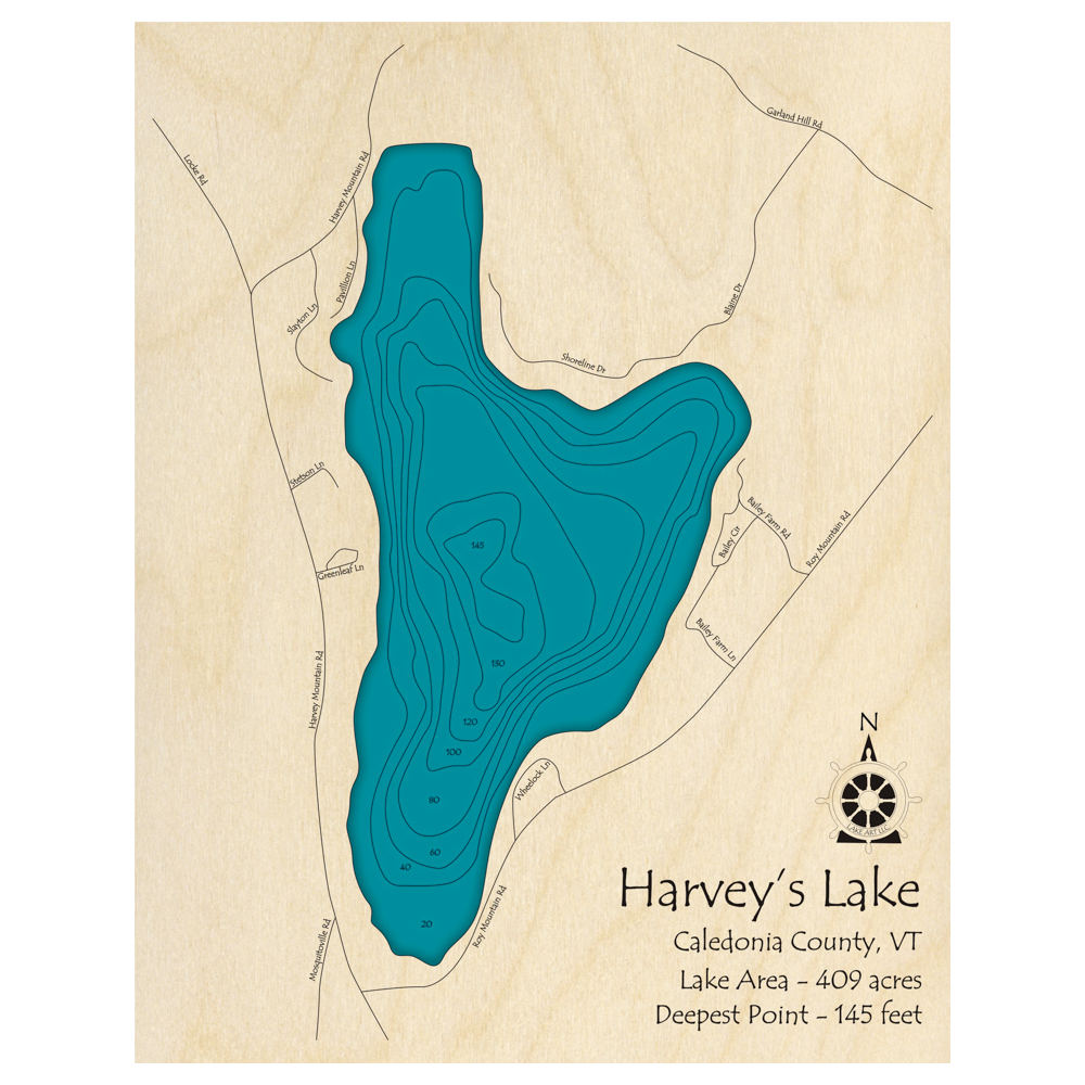 Bathymetric topo map of Harveys Lake, VT with roads, towns and depths noted in blue water.