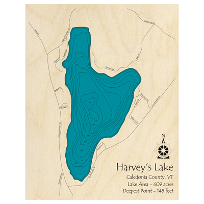 Bathymetric topo map of Harveys Lake, VT with roads, towns and depths noted in blue water.