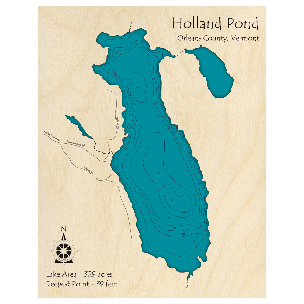 Bathymetric topo map of Holland Pond, VT with roads, towns and depths noted in blue water.