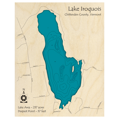 Bathymetric topo map of Lake Iroquois, VT with roads, towns and depths noted in blue water.