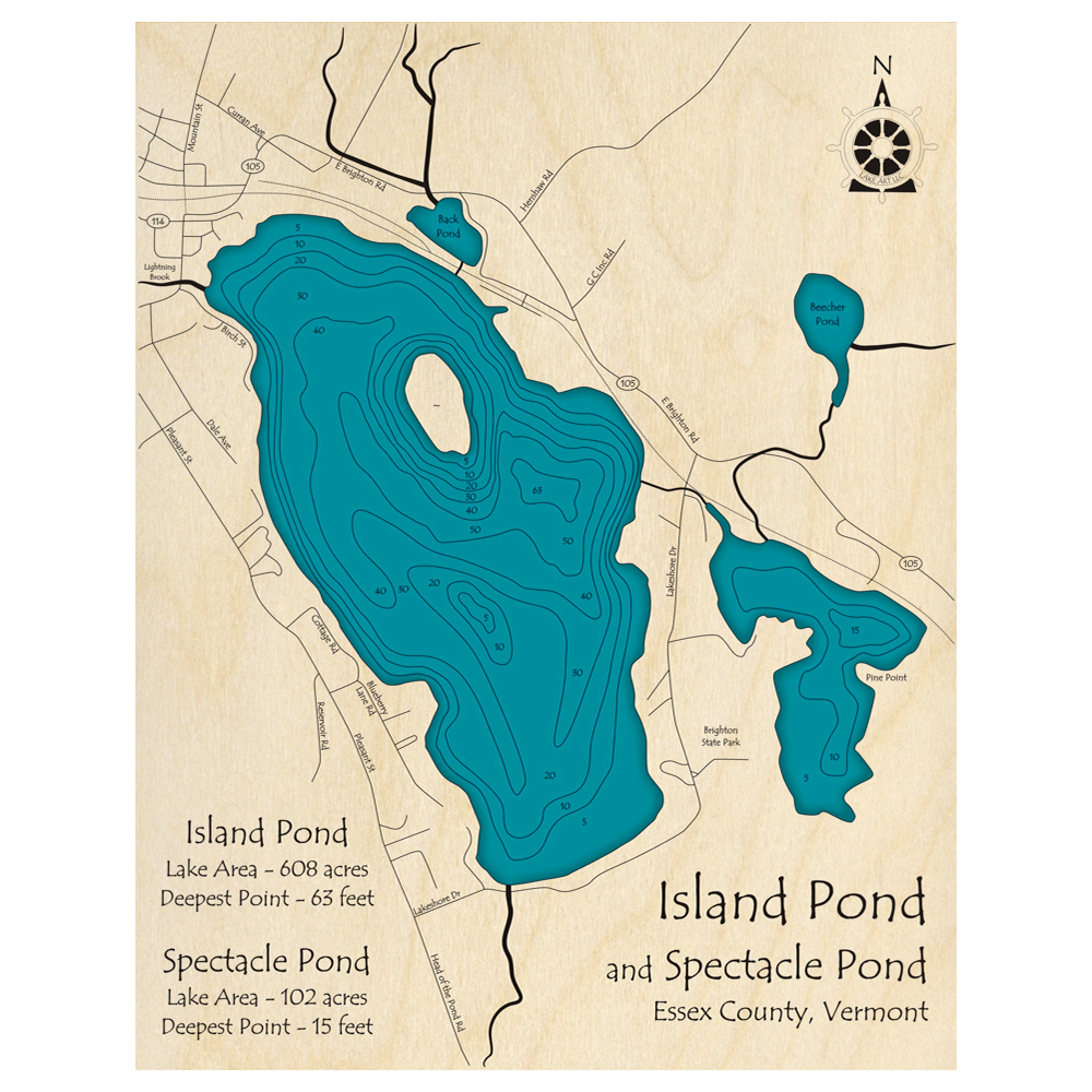 Bathymetric topo map of Island Pond and Spectacle Pond, VT with roads, towns and depths noted in blue water.