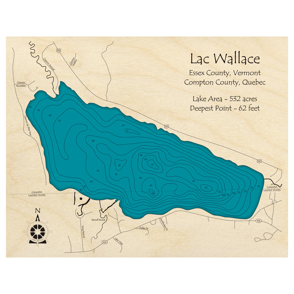 Bathymetric topo map of Lac Wallace (VT, QC) with roads, towns and depths noted in blue water.