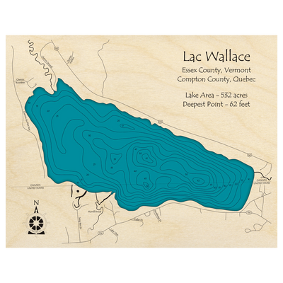 Bathymetric topo map of Lac Wallace (VT, QC) with roads, towns and depths noted in blue water.