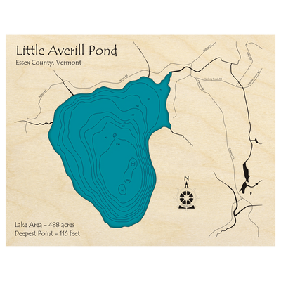 Bathymetric topo map of Little Averill Pond, VT with roads, towns and depths noted in blue water.