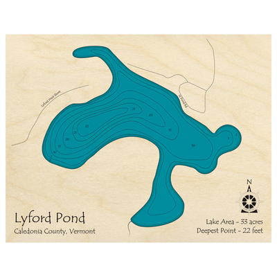 Bathymetric topo map of Lyford Pond, VT with roads, towns and depths noted in blue water.
