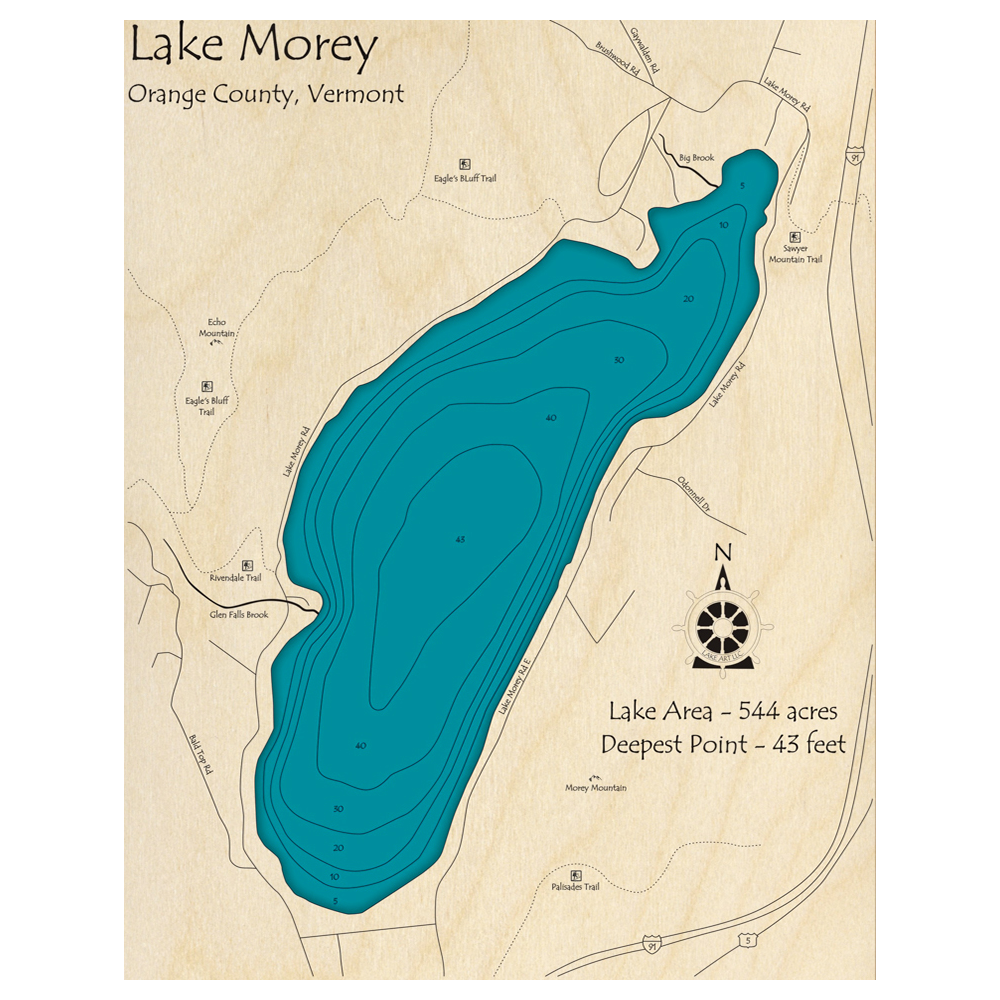 Bathymetric topo map of Lake Morey, VT with roads, towns and depths noted in blue water.