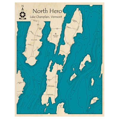 Bathymetric topo map of North Hero, VT with roads, towns and depths noted in blue water.