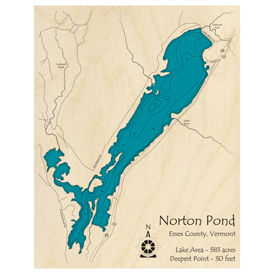 Bathymetric topo map of Norton Pond, VT with roads, towns and depths noted in blue water.
