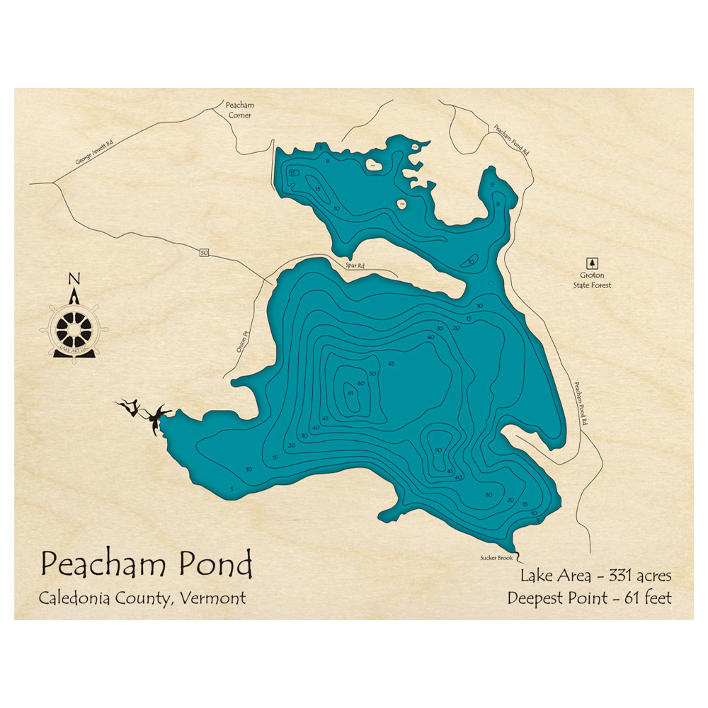 Bathymetric topo map of Peacham Pond, VT with roads, towns and depths noted in blue water.