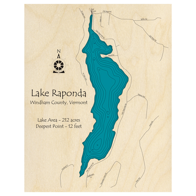 Bathymetric topo map of Lake Raponda, VT with roads, towns and depths noted in blue water.