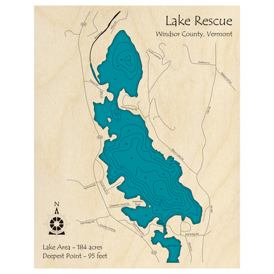 Bathymetric topo map of Lake Rescue, VT with roads, towns and depths noted in blue water.