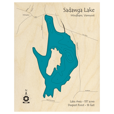 Bathymetric topo map of Sadawga Lake, VT with roads, towns and depths noted in blue water.