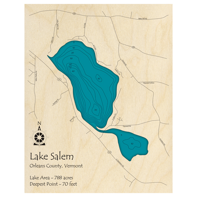 Bathymetric topo map of Lake Salem, VT with roads, towns and depths noted in blue water.