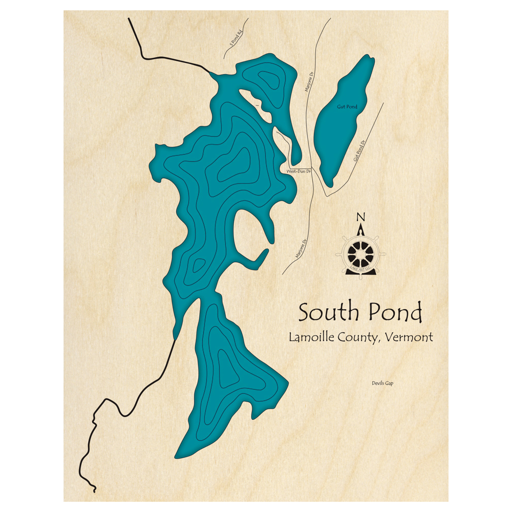 Bathymetric topo map of South Pond, VT with roads, towns and depths noted in blue water.