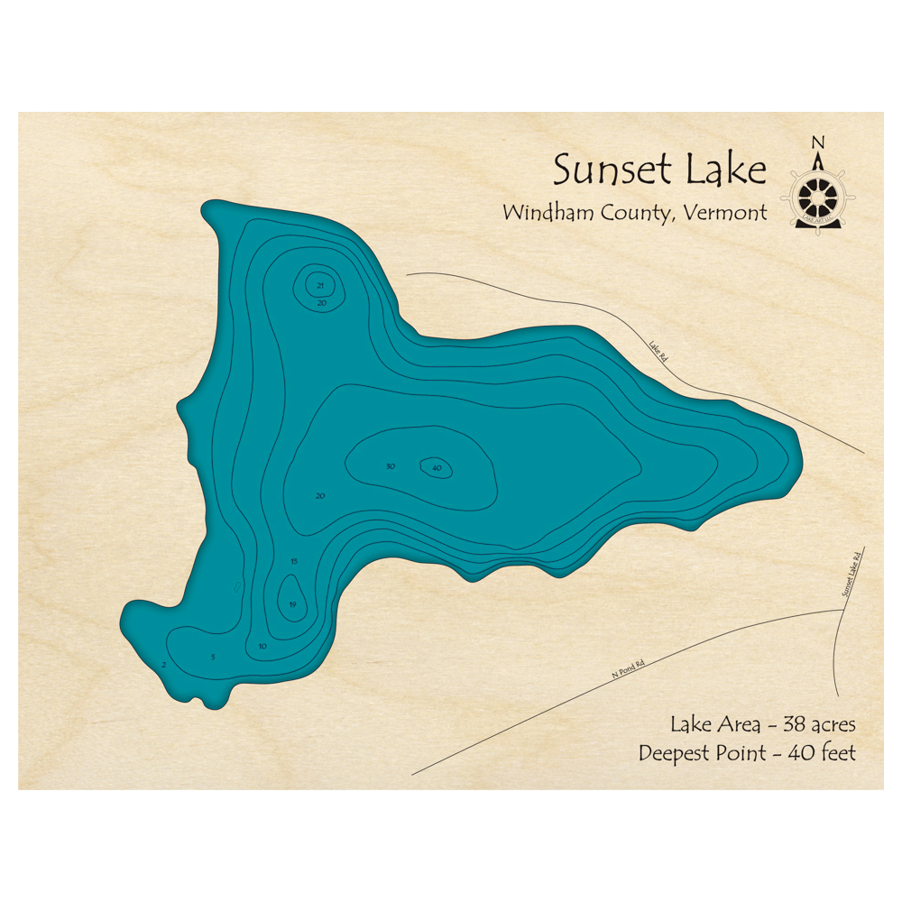 Bathymetric topo map of Sunset Lake, VT with roads, towns and depths noted in blue water.