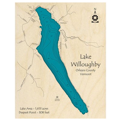 Bathymetric topo map of Lake Willoughby, VT with roads, towns and depths noted in blue water.
