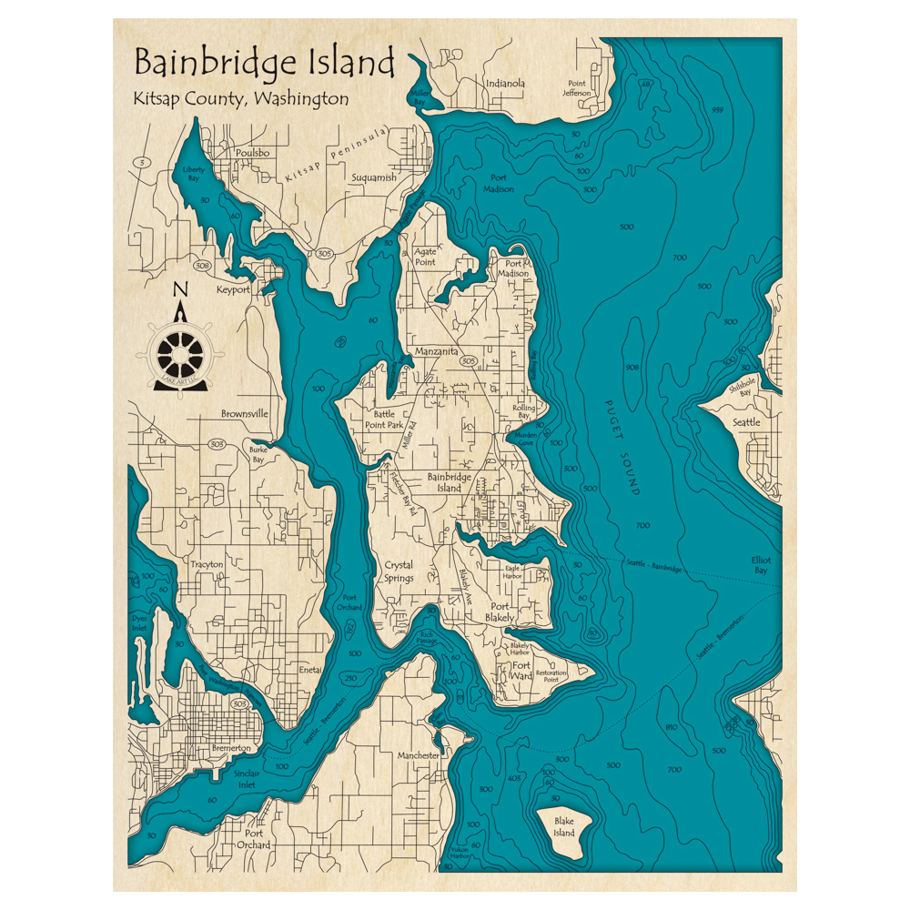 Bathymetric topo map of Bainbridge Island, WA with roads, towns and depths noted in blue water.