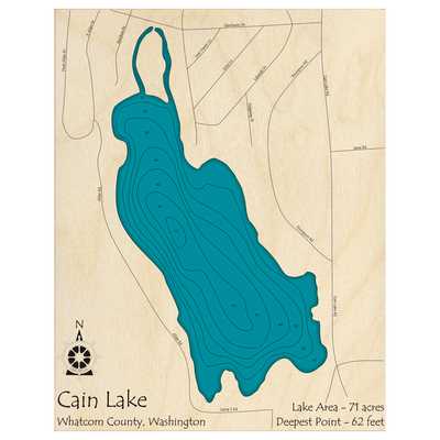 Bathymetric topo map of Cain Lake, WA with roads, towns and depths noted in blue water.