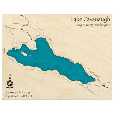 Bathymetric topo map of Lake Cavanaugh, WA with roads, towns and depths noted in blue water.