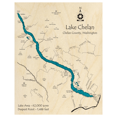 Bathymetric topo map of Lake Chelan, WA with roads, towns and depths noted in blue water.