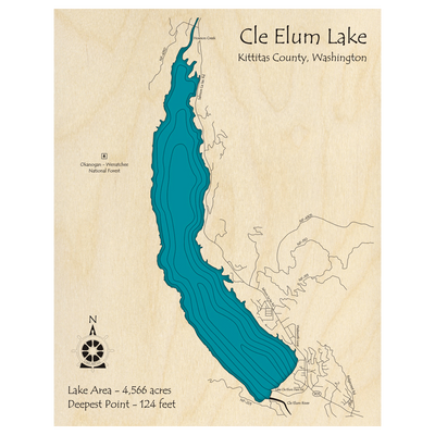 Bathymetric topo map of Lake Cle Elum, WA with roads, towns and depths noted in blue water.