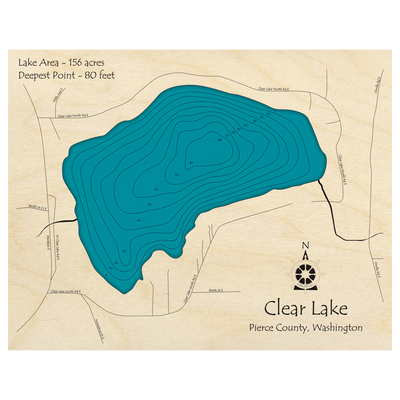 Bathymetric topo map of Clear Lake, WA with roads, towns and depths noted in blue water.