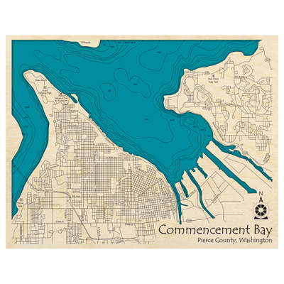 Bathymetric topo map of Commencement Bay, WA with roads, towns and depths noted in blue water.