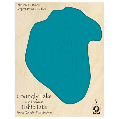 Bathymetric topo map of Coundly Lake, WA with roads, towns and depths noted in blue water.
