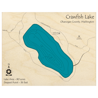 Bathymetric topo map of Crawfish Lake, WA with roads, towns and depths noted in blue water.