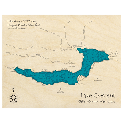 Bathymetric topo map of Lake Crescent, WA with roads, towns and depths noted in blue water.