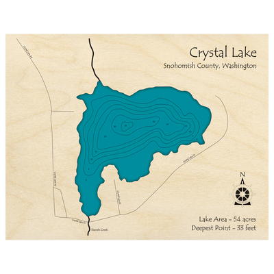 Bathymetric topo map of Crystal Lake, WA with roads, towns and depths noted in blue water.