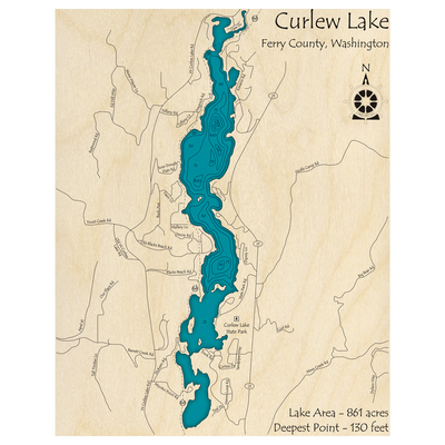 Bathymetric topo map of Curlew Lake, WA with roads, towns and depths noted in blue water.
