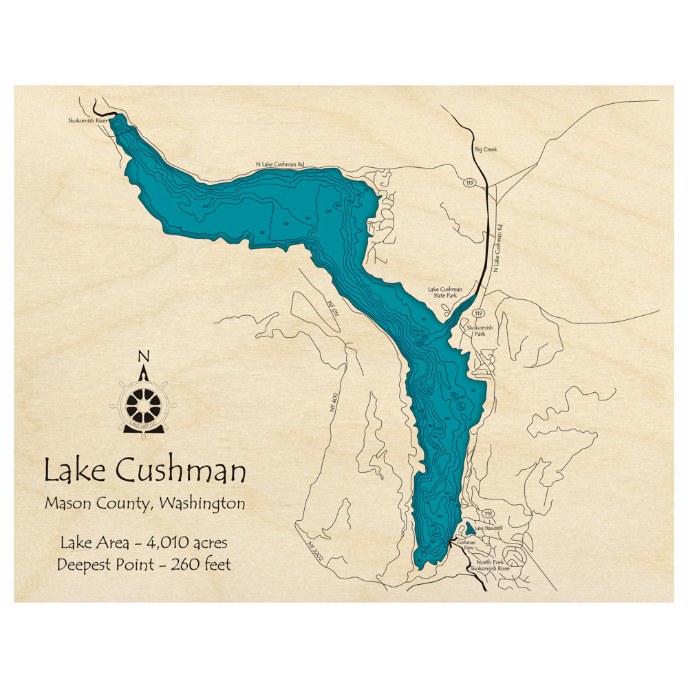Bathymetric topo map of Lake Cushman, WA with roads, towns and depths noted in blue water.