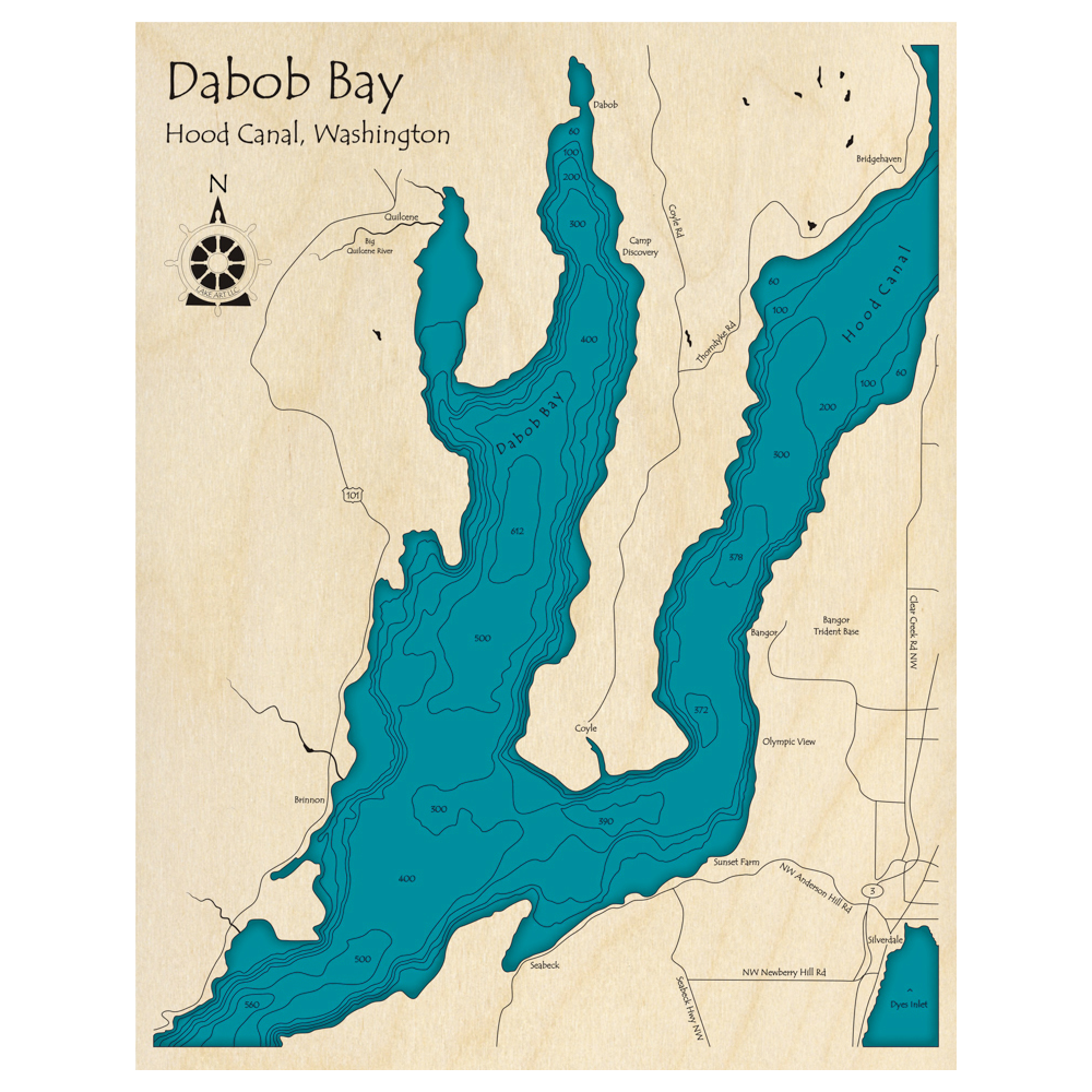 Bathymetric topo map of Dabob Bay, WA with roads, towns and depths noted in blue water.