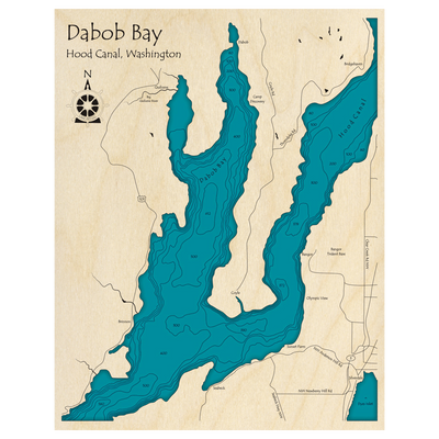 Bathymetric topo map of Dabob Bay, WA with roads, towns and depths noted in blue water.