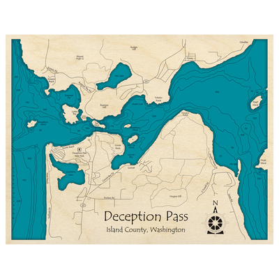 Bathymetric topo map of Deception Pass, WA with roads, towns and depths noted in blue water.