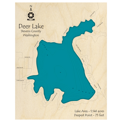 Bathymetric topo map of Deer Lake, WA with roads, towns and depths noted in blue water.